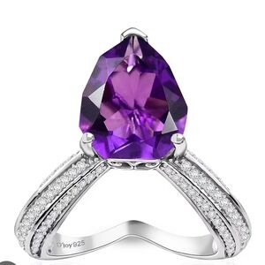 Natural African Amethyst & Moissanite Ring Sterling Silver Platinum Finish Sz 7!